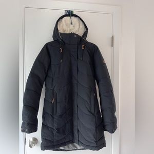 Roxy puffy long jacket with hood, black, USED